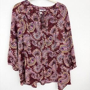 Rose & Olive Womens Pintuck Pleat Blouse Top Size 2X Flowy Paisley Classic Brown